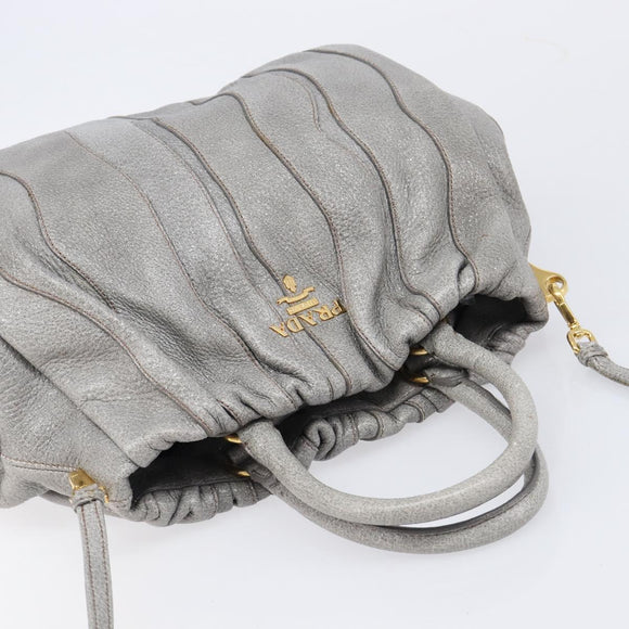 PRADA Hand Bag Leather 2way Gray Gold Auth 211404V