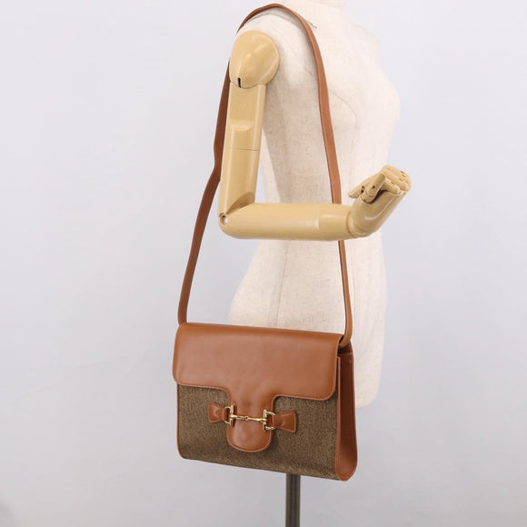 GUCCI Horsebit Shoulder Bag Canvas Beige Gold Auth 211419