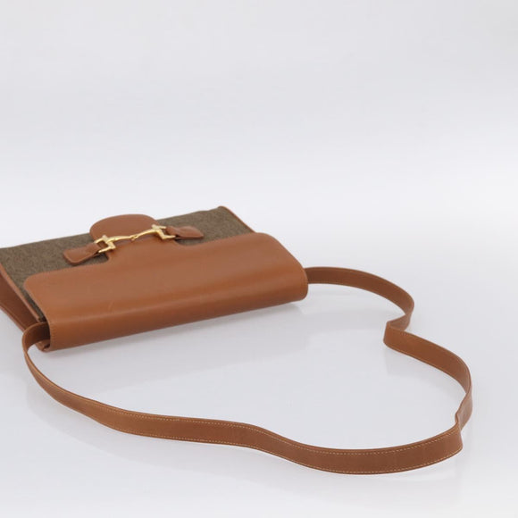 GUCCI Horsebit Shoulder Bag Canvas Beige Gold Auth 211419