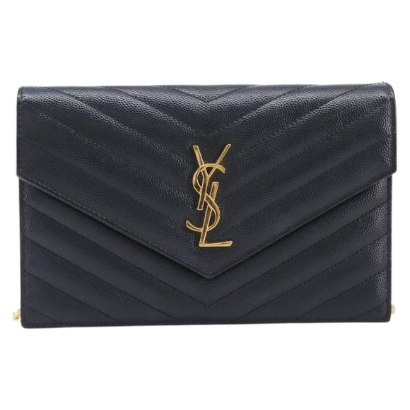 Saint Laurent Chain Shoulder Bag Leather Black Gold 393953 Auth 211431M
