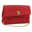CHANEL Mademoiselle Chain Shoulder Bag Canvas Red Gold CC Auth 211443V-1