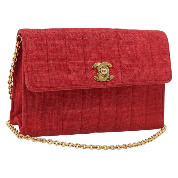 CHANEL Mademoiselle Chain Shoulder Bag Canvas Red Gold CC Auth 211443V