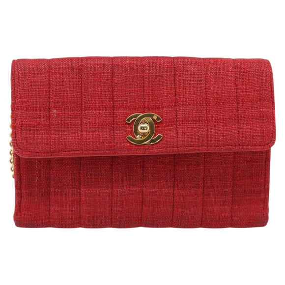 CHANEL Mademoiselle Chain Shoulder Bag Canvas Red Gold CC Auth 211443V