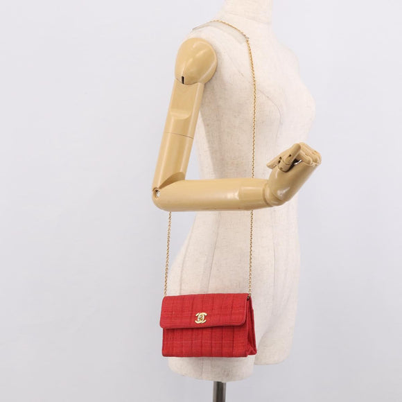 CHANEL Mademoiselle Chain Shoulder Bag Canvas Red Gold CC Auth 211443V