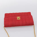 CHANEL Mademoiselle Chain Shoulder Bag Canvas Red Gold CC Auth 211443V-6