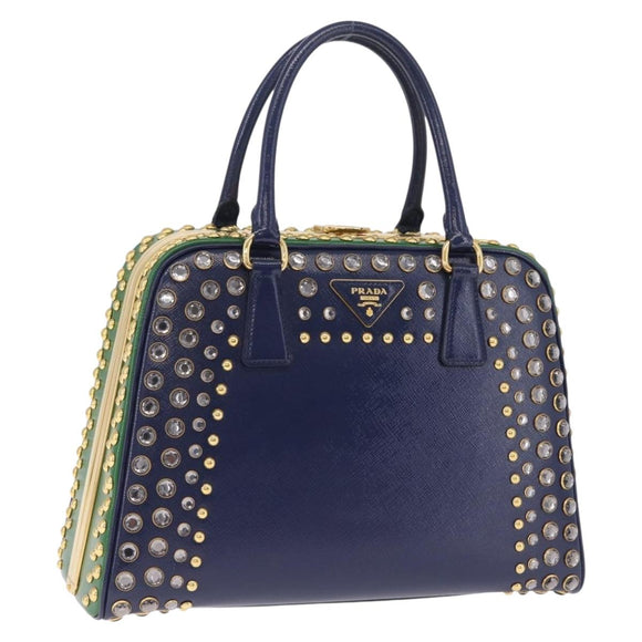 PRADA Hand Bag Saffiano leather Navy Gold Auth 211451SAM