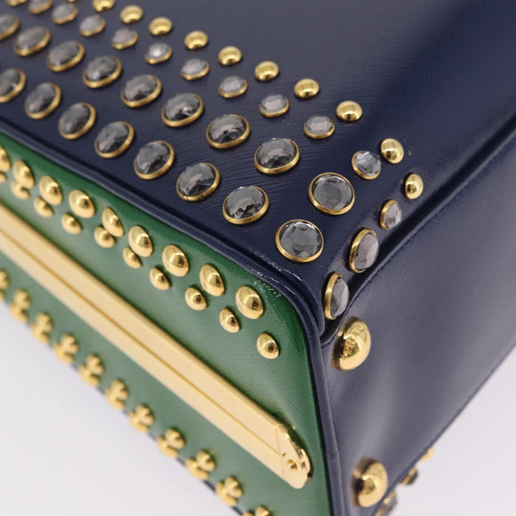 PRADA Hand Bag Saffiano leather Navy Gold Auth 211451SAM