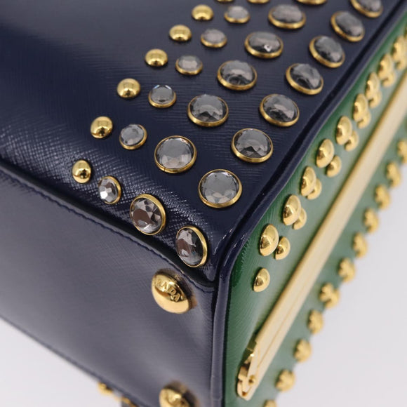 PRADA Hand Bag Saffiano leather Navy Gold Auth 211451SAM