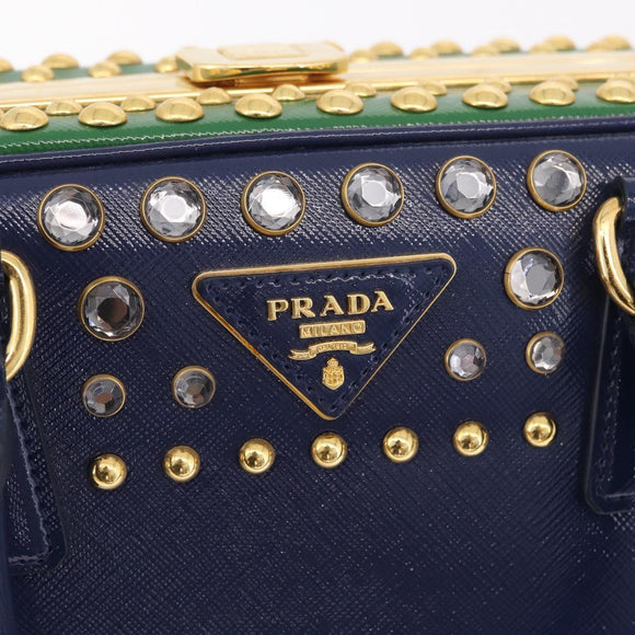 PRADA Hand Bag Saffiano leather Navy Gold Auth 211451SAM
