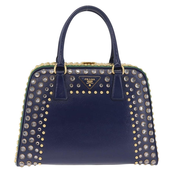 PRADA Hand Bag Saffiano leather Navy Gold Auth 211451SAM