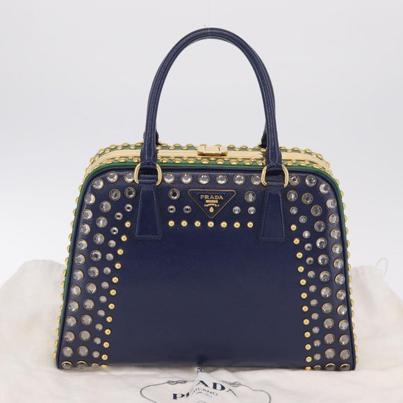 PRADA Hand Bag Saffiano leather Navy Gold Auth 211451SAM