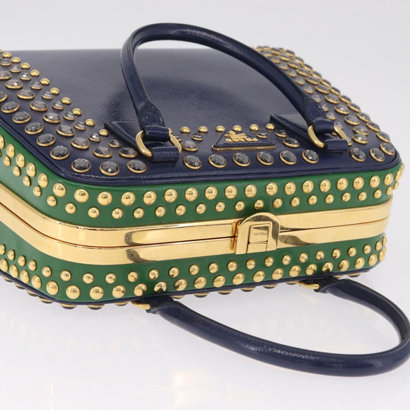 PRADA Hand Bag Saffiano leather Navy Gold Auth 211451SAM