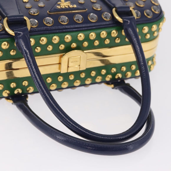 PRADA Hand Bag Saffiano leather Navy Gold Auth 211451SAM