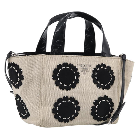PRADA Hand Bag Canvas Denim 2way Beige Silver Auth 211465A