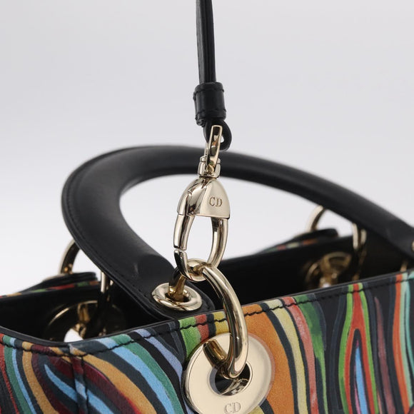 Christian Dior Lady Dior Hand Bag Leather 2way Black Gold Tone Auth 211470SM