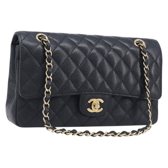 CHANEL Matelasse 25 Chain Shoulder Bag Caviar Skin Black Gold CC Auth 211485SAM