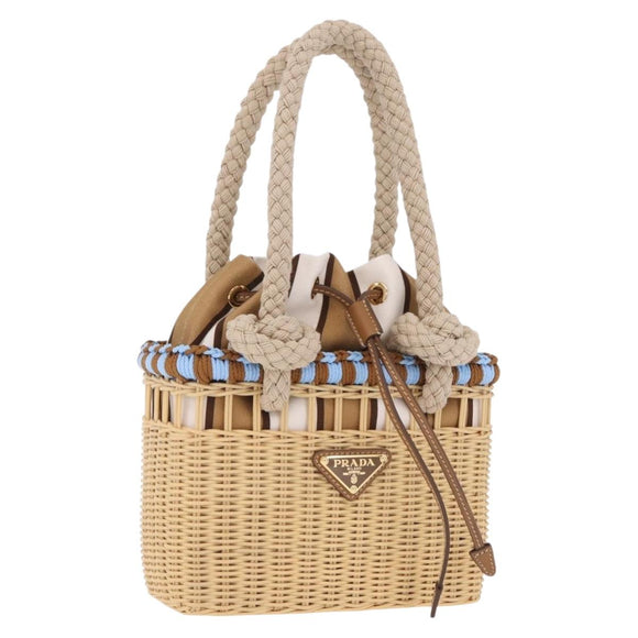 PRADA Wicker Hand Bag Tan Beige Gold Auth 211488M