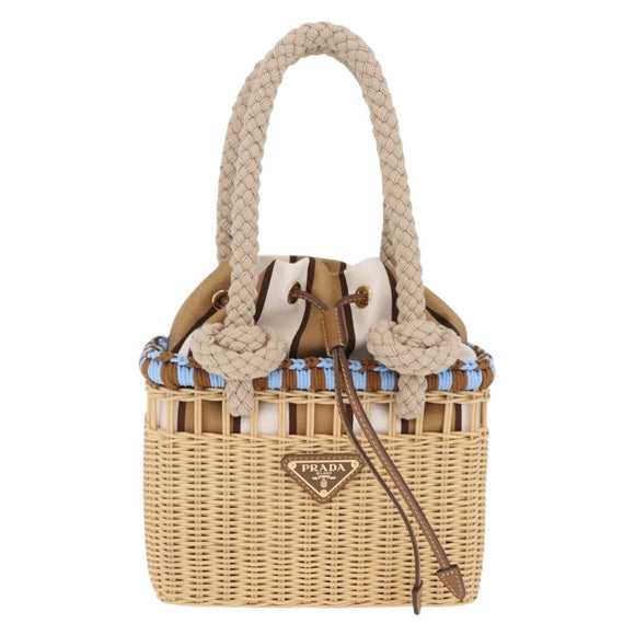 PRADA Wicker Hand Bag Tan Beige Gold Auth 211488M