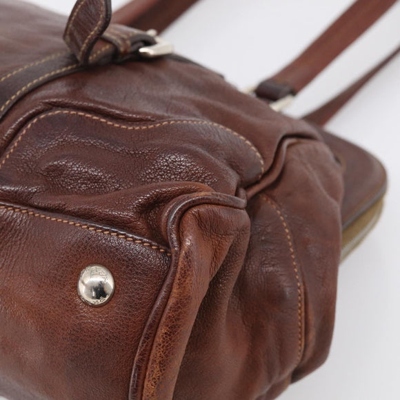 PRADA Tote Bag Leather Brown Silver Auth 211514V