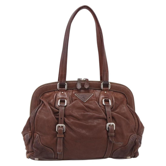 PRADA Tote Bag Leather Brown Silver Auth 211514V