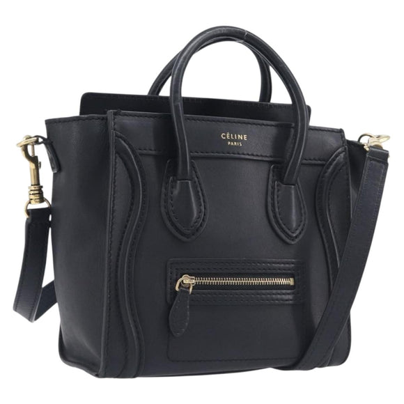 CELINE Luggage Nano shopper Hand Bag Leather 2way Black Gold Auth 211515V