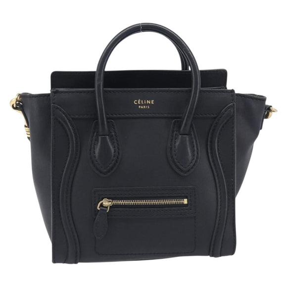 CELINE Luggage Nano shopper Hand Bag Leather 2way Black Gold Auth 211515V