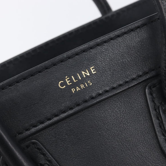 CELINE Luggage Nano shopper Hand Bag Leather 2way Black Gold Auth 211515V