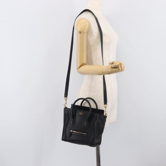 CELINE Luggage Nano shopper Hand Bag Leather 2way Black Gold Auth 211515V