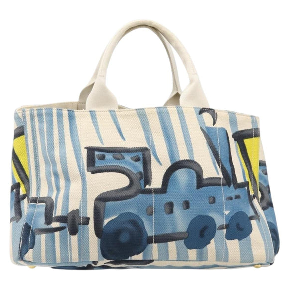 PRADA Canapa GM Hand Bag Canvas Beige Blue Auth 211531V