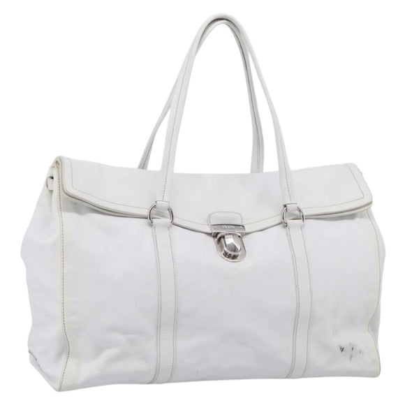 PRADA Tote Bag Leather White Silver Auth 211540A