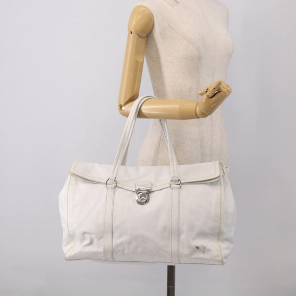 PRADA Tote Bag Leather White Silver Auth 211540A