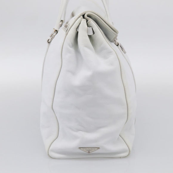 PRADA Tote Bag Leather White Silver Auth 211540A