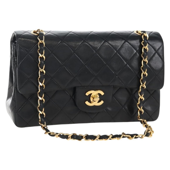 CHANEL Matelasse 23 Chain Shoulder Bag Lamb Skin Black Gold CC Auth 211543SAM