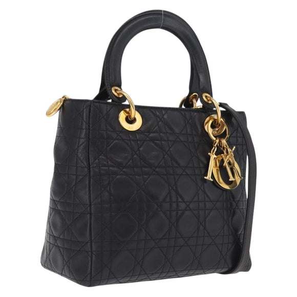 Christian Dior Canage Lady Dior Hand Bag Lamb Skin 2way Black Gold Auth 211553V