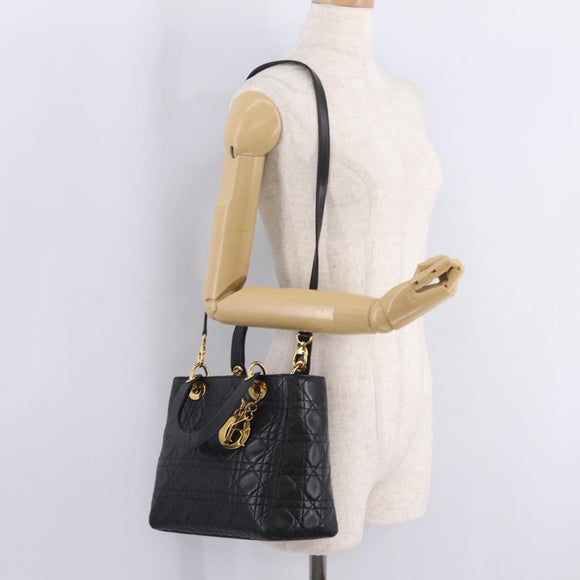Christian Dior Canage Lady Dior Hand Bag Lamb Skin 2way Black Gold Auth 211553V