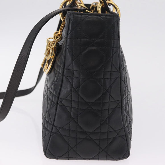 Christian Dior Canage Lady Dior Hand Bag Lamb Skin 2way Black Gold Auth 211553V