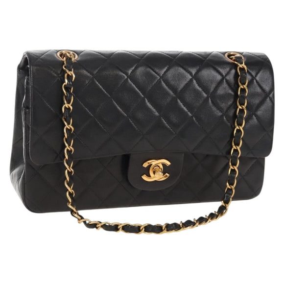 CHANEL Matelasse 25 Chain Shoulder Bag Lamb Skin Black Gold CC Auth 211558SAM