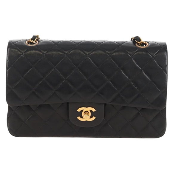 CHANEL Matelasse 25 Chain Shoulder Bag Lamb Skin Black Gold CC Auth 211558SAM