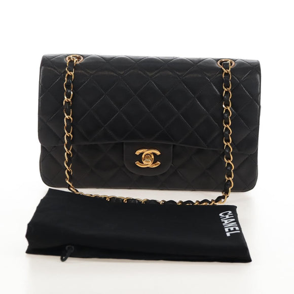 CHANEL Matelasse 25 Chain Shoulder Bag Lamb Skin Black Gold CC Auth 211558SAM