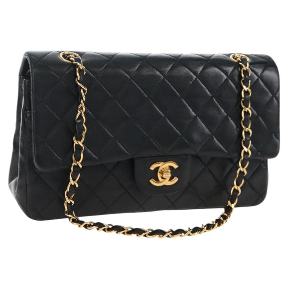 CHANEL Matelasse 25 Chain Shoulder Bag Lamb Skin Black Gold CC Auth 211559SAM