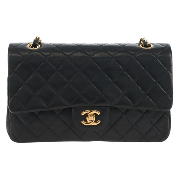 CHANEL Matelasse 25 Chain Shoulder Bag Lamb Skin Black Gold CC Auth 211559SAM