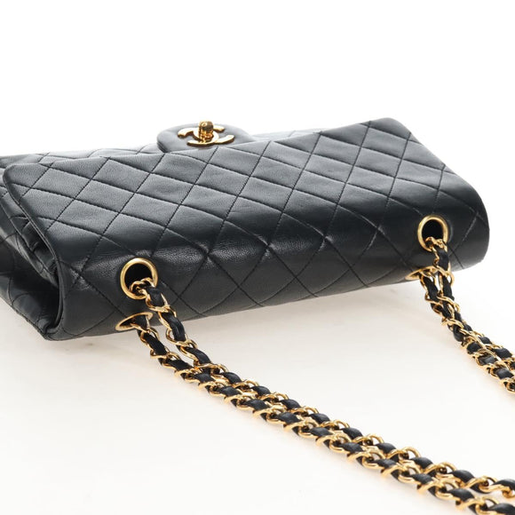 CHANEL Matelasse 25 Chain Shoulder Bag Lamb Skin Black Gold CC Auth 211559SAM