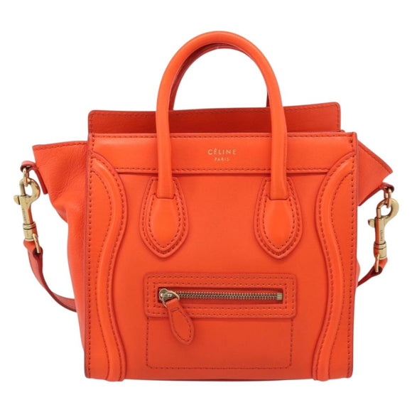 CELINE Luggage Nano Shopper Hand Bag Leather 2way Orange Gold Auth 211569V