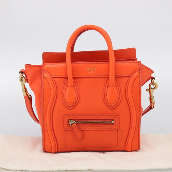 CELINE Luggage Nano Shopper Hand Bag Leather 2way Orange Gold Auth 211569V