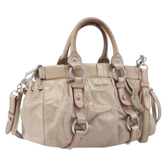 Miu Miu Vitellolux Hand Bag Leather 2way Beige Silver Auth 211577A