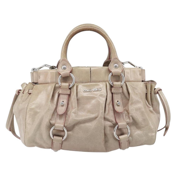 Miu Miu Vitellolux Hand Bag Leather 2way Beige Silver Auth 211577A
