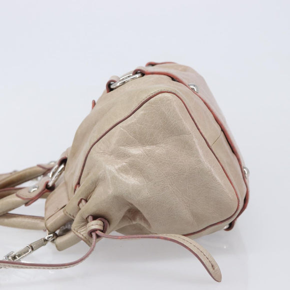 Miu Miu Vitellolux Hand Bag Leather 2way Beige Silver Auth 211577A