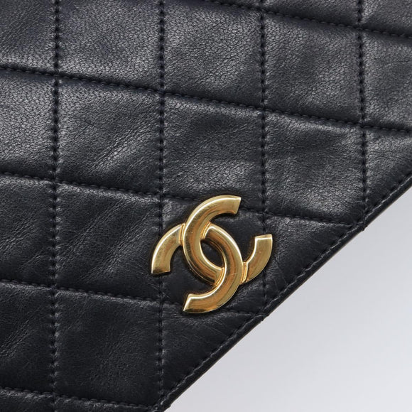 CHANEL Matelasse Chain Shoulder Bag Lamb Skin Black Gold CC Auth 211578V