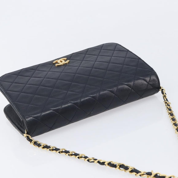 CHANEL Matelasse Chain Shoulder Bag Lamb Skin Black Gold CC Auth 211578V