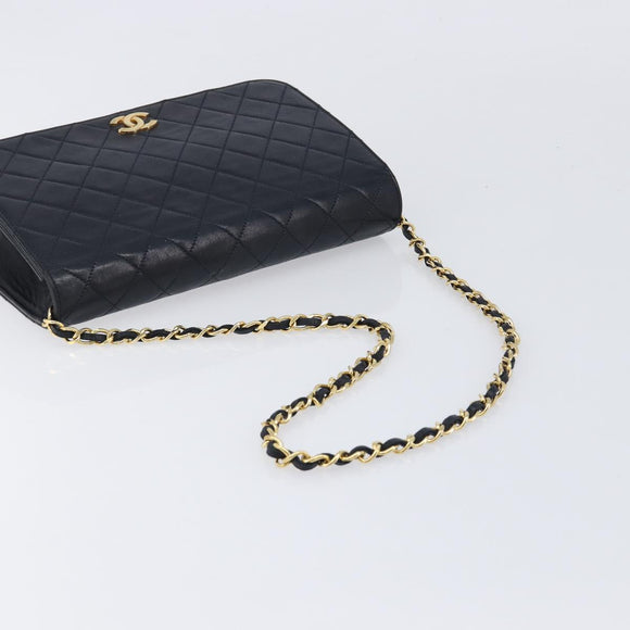 CHANEL Matelasse Chain Shoulder Bag Lamb Skin Black Gold CC Auth 211578V